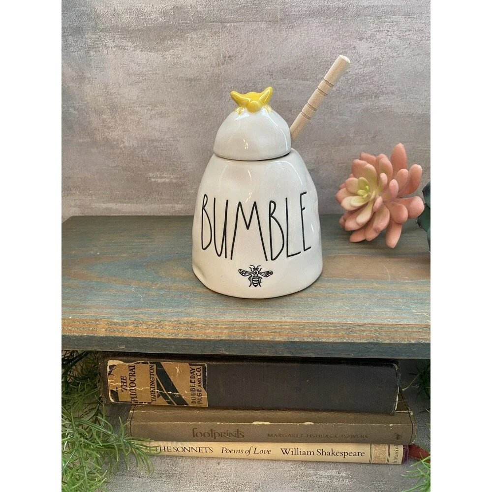 Rae Dunn ‘BUMBLE’ Bee Honey Pot Ceramic Ivory w/ Yellow Bee Lid & Wood Dipper